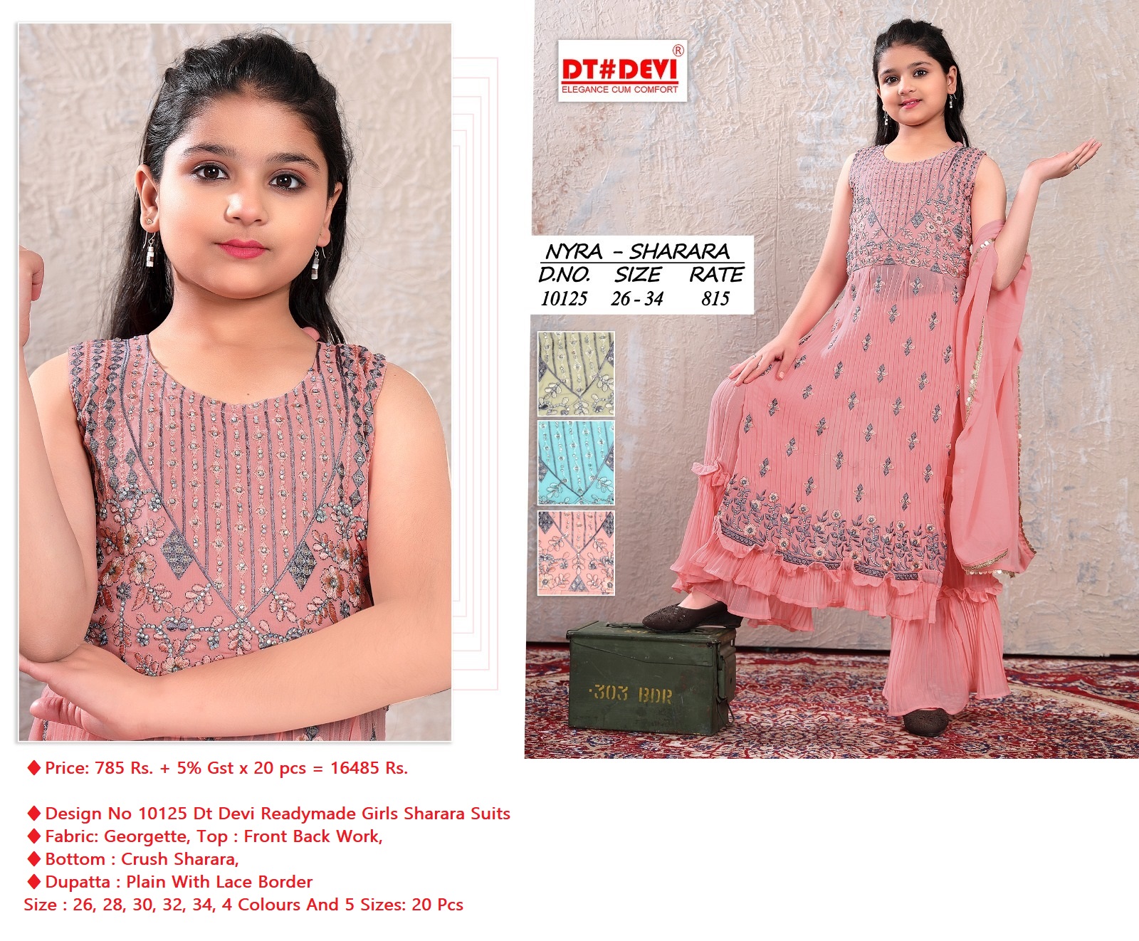 Design No 10125 Dt Devi Readymade Girls Sharara Suits Manufacturer Wholesaler